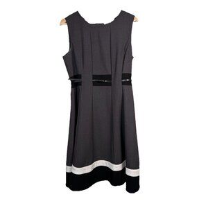 Calvin Klein Dress Size 10‎ Belted Fit & Flare Gray Black White Preppy Career